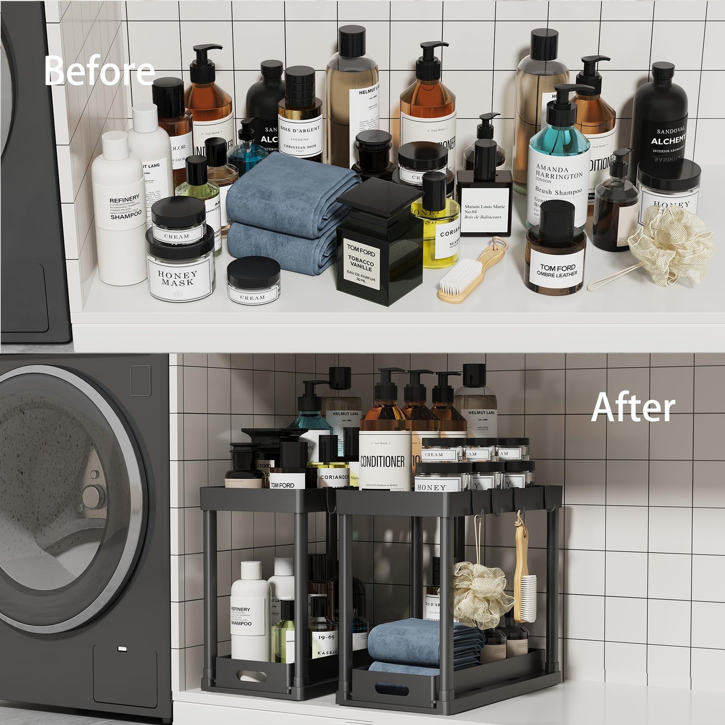 POUGNY 2PC Under Sink Organizer Rack 2 Tier Under Sliding Cabinet Basket Organizer Drawer with 4 Hooks, Multi-purpose Under Sink Storage for Bathroom Kitchen Desktop（Black）