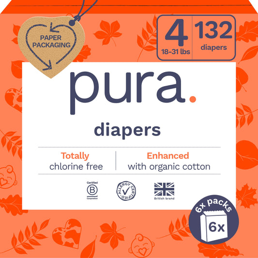Pura Sensitive Skin Baby Diapers | Size 4 (18-31 lbs) | Hypoallergenic, Totally Chlorine Free, Fragrance Free, Up to 12-Hour Leak Protection | 6 Packs of 22 (132 Diapers)