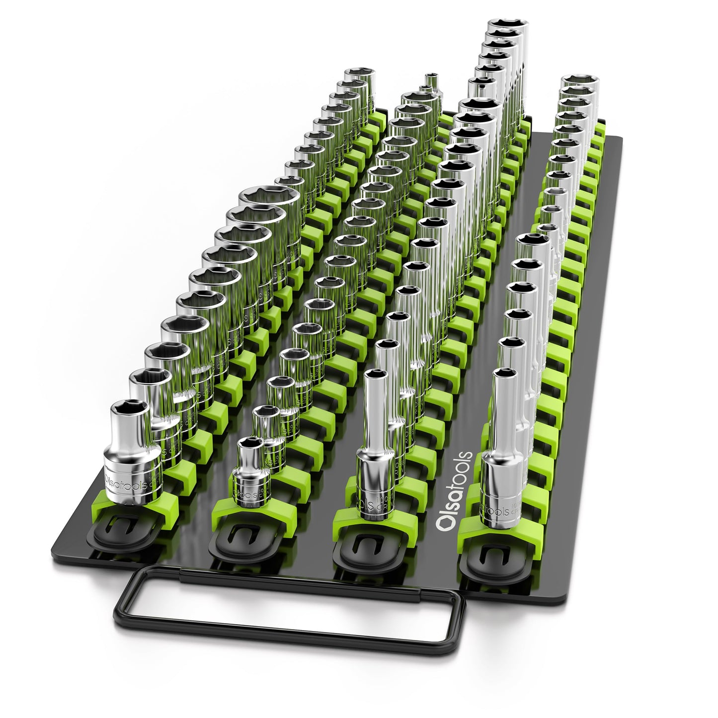 Olsa Tools Portable Socket Organizer Tray | Black Rails with Green Clips | Holds 80 Sockets | Professional Quality Socket Holder