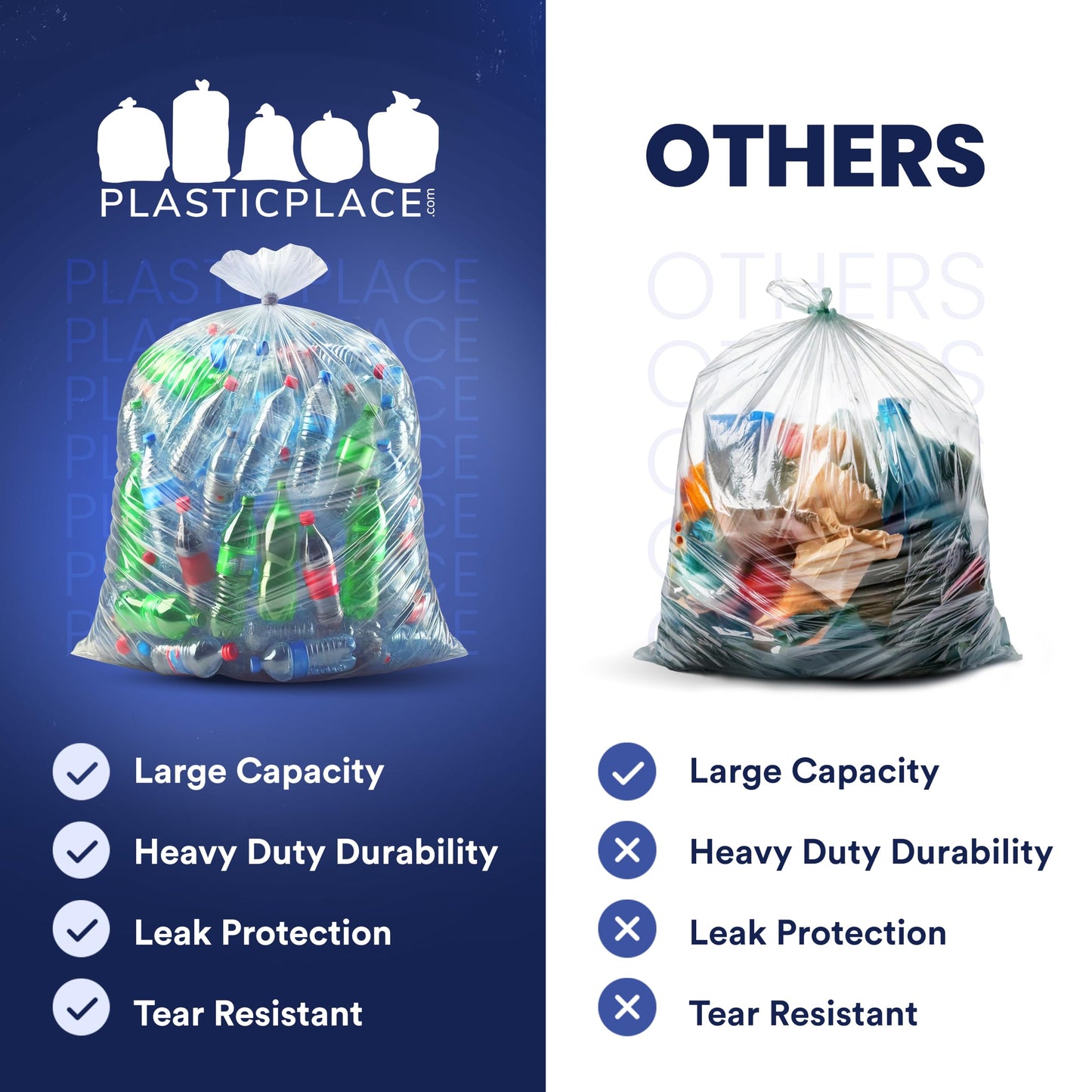 Plasticplace Contractor Trash Bags 55-60 Gallon, Heavy Duty Garbage Bags, 3.0 Mil Clear Trash Bags, Tear-Resistant Large Trash Can Liners for Construction, Recycling & Home Improvement (50 Count)