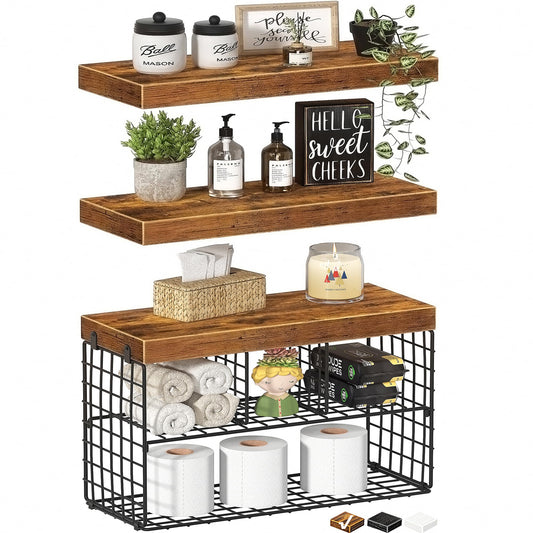 KLUVIS Bathroom Floating Shelves for Wall - Shelf Over Toilet Storage Small Farmhouse Decor Shelves (15.7 inch, Set of 3, Rustic Brown)