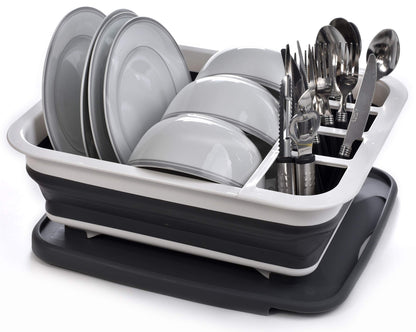 Masirs Pop-Up Collapsible Dish Drying Rack: Convenient Storage, Drains into Sink, Eight Large Plate Capacity, Sectional Cutlery and Utensil Compartment. Compact and Portable Design.