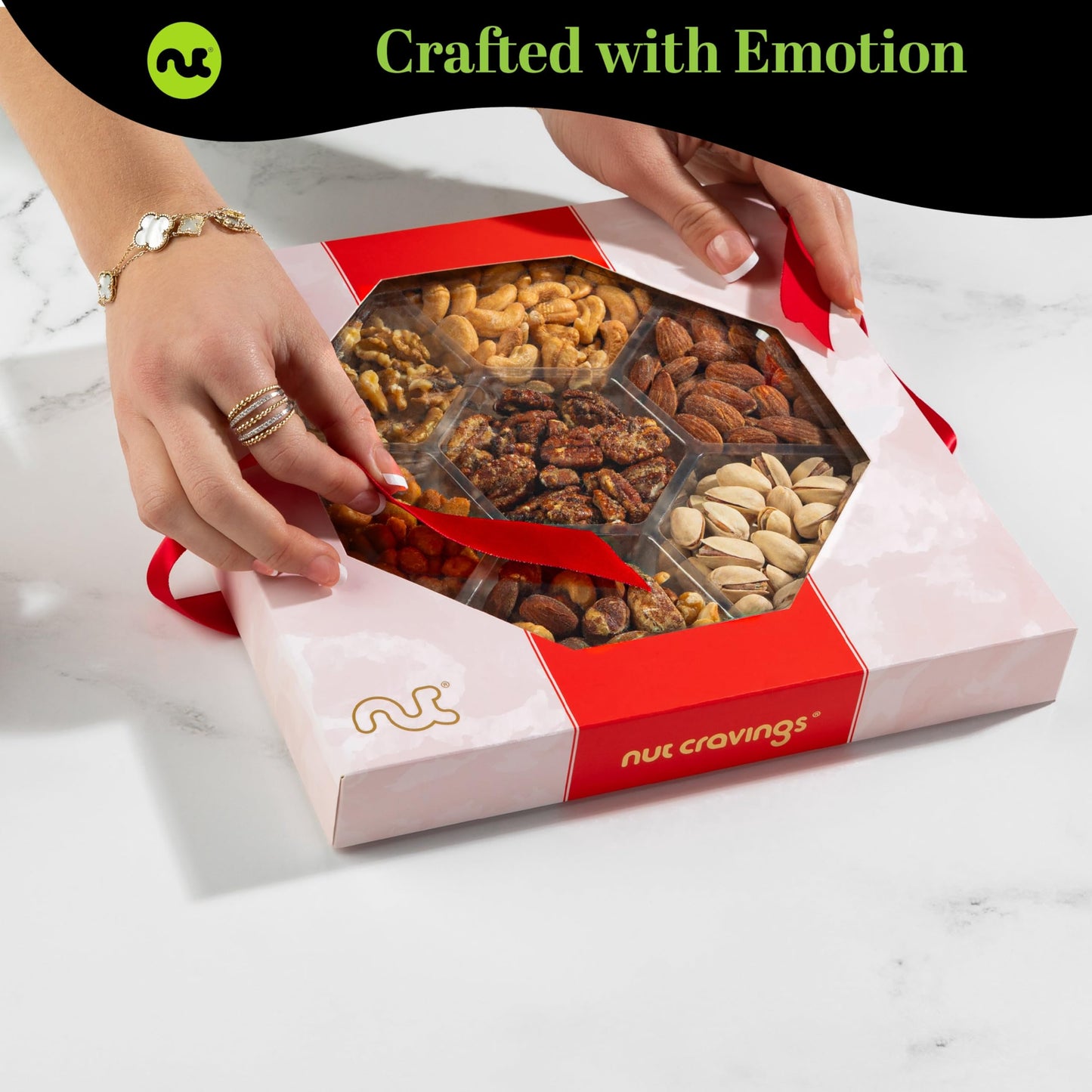 NUT CRAVINGS - Mixed Nuts Gift Basket in Red Gold Box (7 Assortments, 1 LB) Food Arrangement, Healthy Snack Care Package, Food Assortments