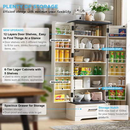 ACCOHOHO 72" Farmhouse Kitchen Pantry Cabinet with Drawer, Tall Storage Cabinet with 2 Barn Doors and Shelves, Versatile Large Rustic Cupboard for Dining Room, Bathroom, Living Room, Laudry, White