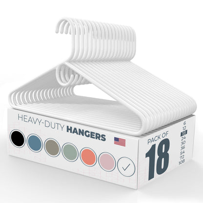 Made in USA Heavy Duty Clothes Hangers Bulk - 20, 30, 50, 100 Pack Available - Strong Plastic Hangers for Jackets, Coats, Closet and Clothing (18pk White)