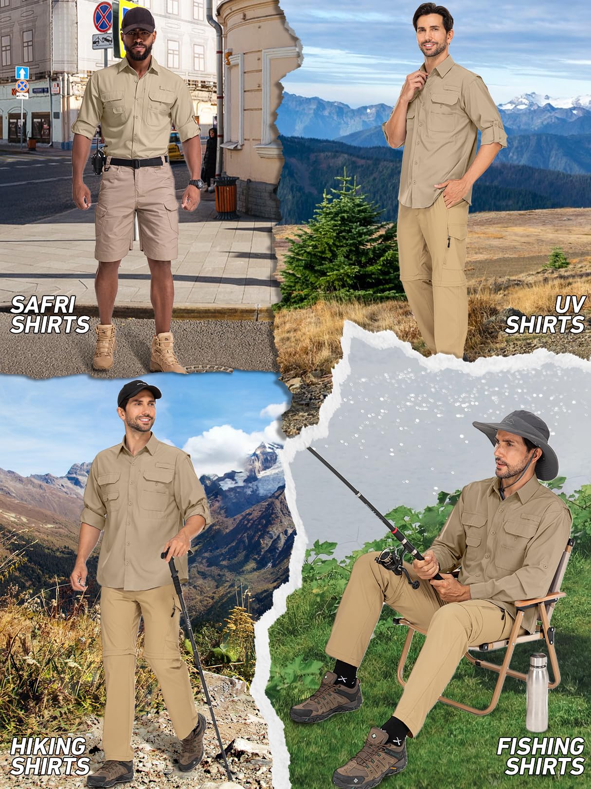 linlon Mens Safari Shirts Long Sleeve UV Protection Hiking Fishing UPF 50+ Quick Dry Cooling Camping Travel Shirts#5066-Khaki-XL