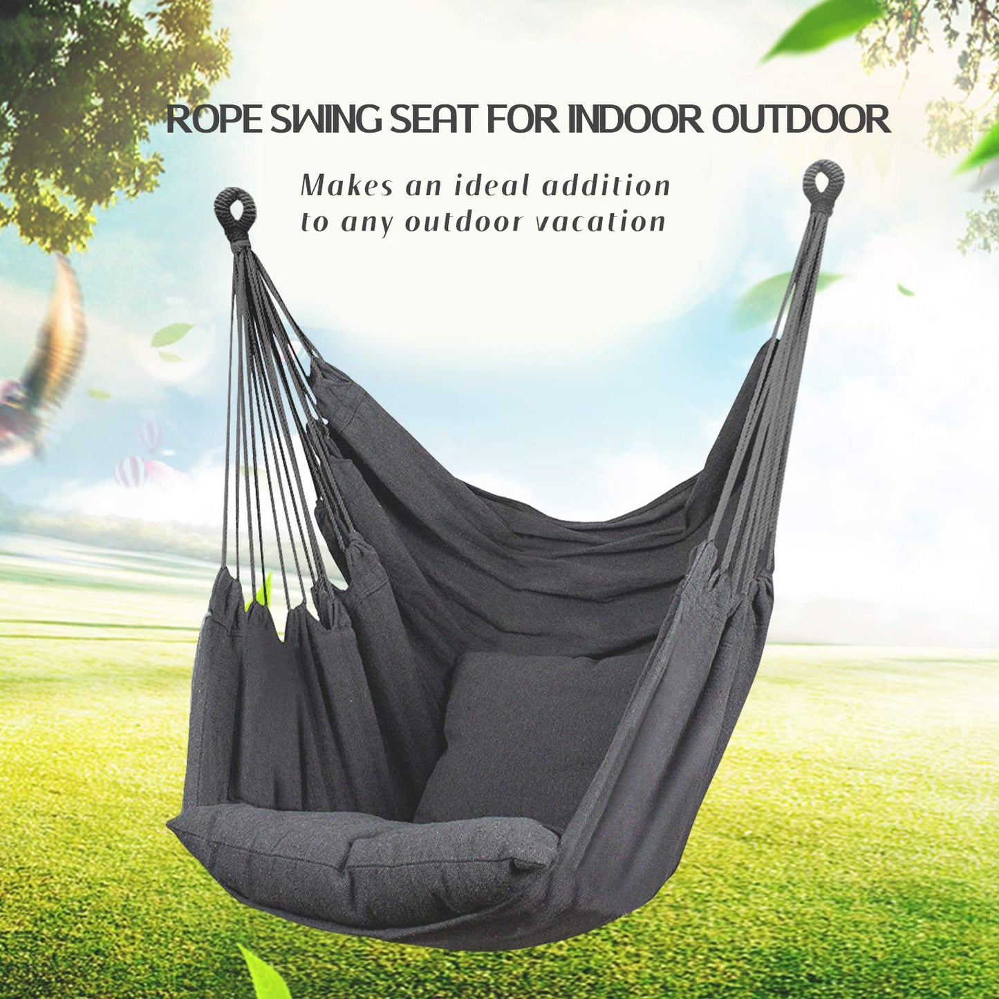 Hommtina Hammock Chair Hanging Rope Swing, Max 300 Lbs Hanging Chair with Pocket & Durability Perfect for Outdoor, Home, Bedroom, Patio, Yard (Pillows NOT Included,Dark Gray)