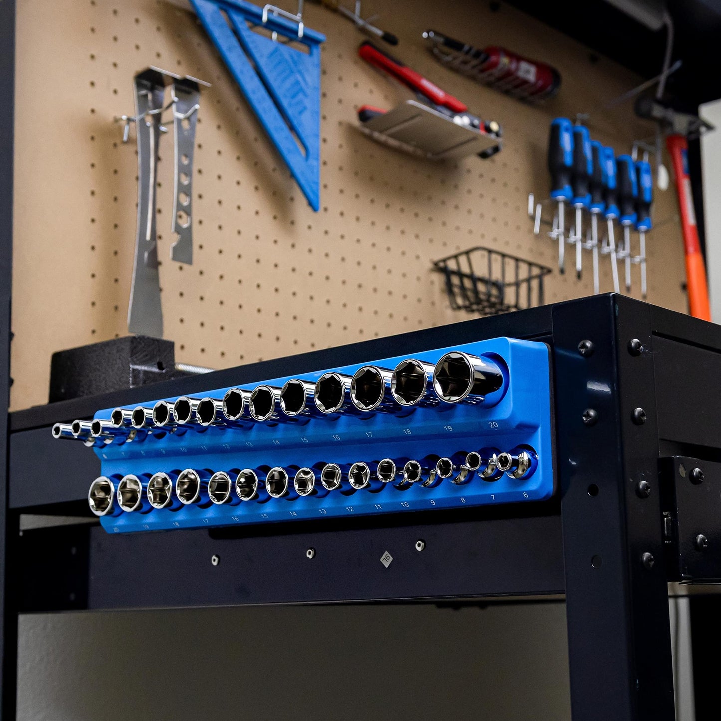 NEIKO 03971A Magnetic Socket Holder | 3/8” Drive | 6mm-20mm | Holds Shallow & Deep Sockets Tray | Metric Socket Organizer | 30 Hole Tool Box Storage | Scratch Free Mounting | High Visibility