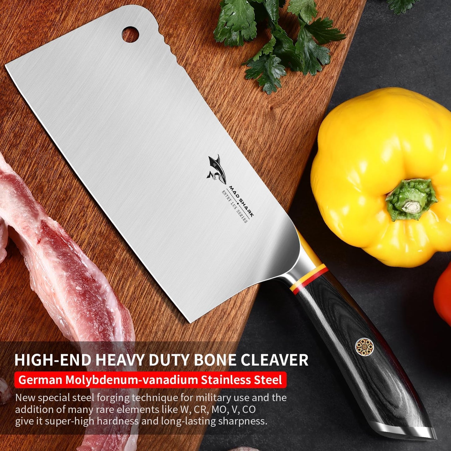 MAD SHARK Meat Cleaver, Professional 7.5 Inch Bone Chopping Butcher Knife with Heavy Duty Blade, German Military Grade Composite Steel, Chinese Chef's Bone Cutting Knife for Home Kitchen & Restaurant