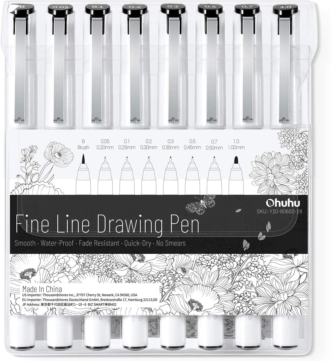 Ohuhu Fineliner Pens Micro Drawing Pens: 8-size Tips (Ultra-fine, Fine & Brush) Waterproof Pigment Black Ink for Illustration Drawing Journaling Sketching for Artist Beginners