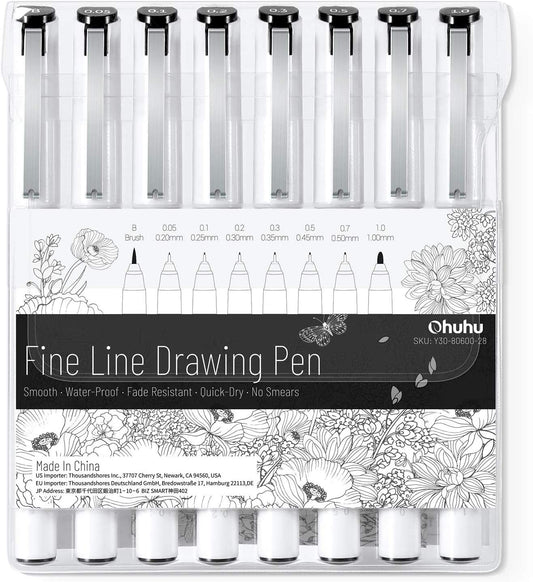 Ohuhu Fineliner Pens Micro Drawing Pens: 8-size Tips (Ultra-fine, Fine & Brush) Waterproof Pigment Black Ink for Illustration Drawing Journaling Sketching for Artist Beginners