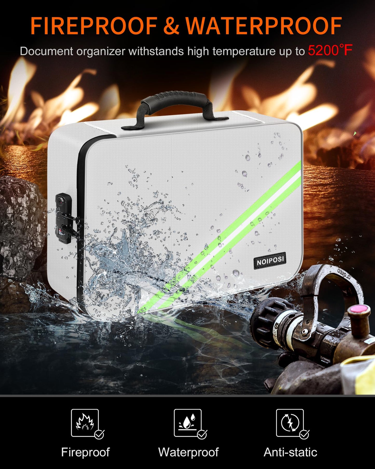 Noiposi Document Organizer with Lock,16.1"x11.4"x4.3" Waterproof and Fireproof Document Box,Portable Home Travel Safe Storage Box for Important Documents,File and Birth Certificate,Silver