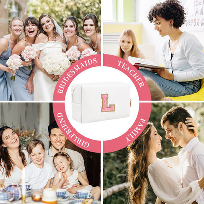 Personalized Initial Patch Makeup Bag, Preppy Portable Chenille Letter Cosmetic Bag With Zipper, PU Leather Waterproof Travel Toiletry Bag Monogram Make Up Pouch for Women Girls (Letter L)