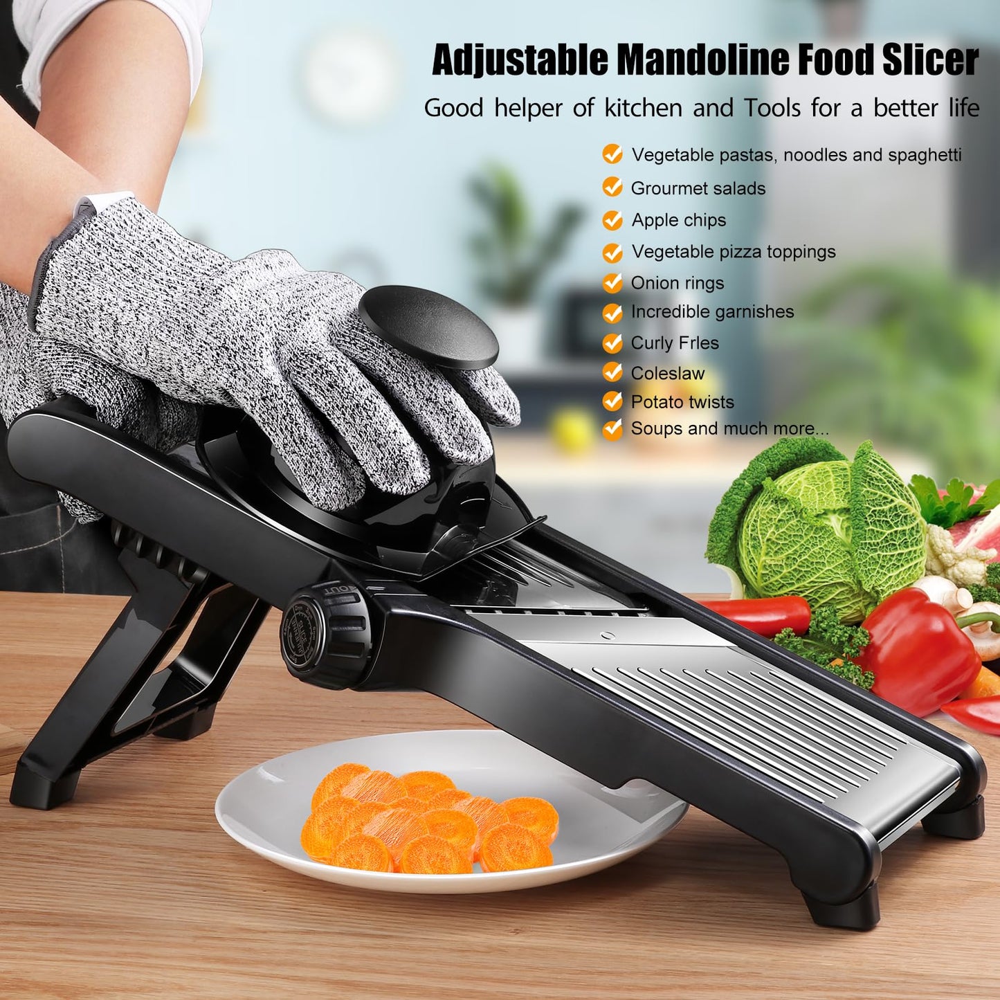 MASTERTOP Mandoline Slicer Adjustable Stainless Steel Food Slicer for Kitchen Vegetable Slicer Onion Potato Fruit French Fry Cutter Potato Chip Julienne Slicer with Cut Resistant Gloves