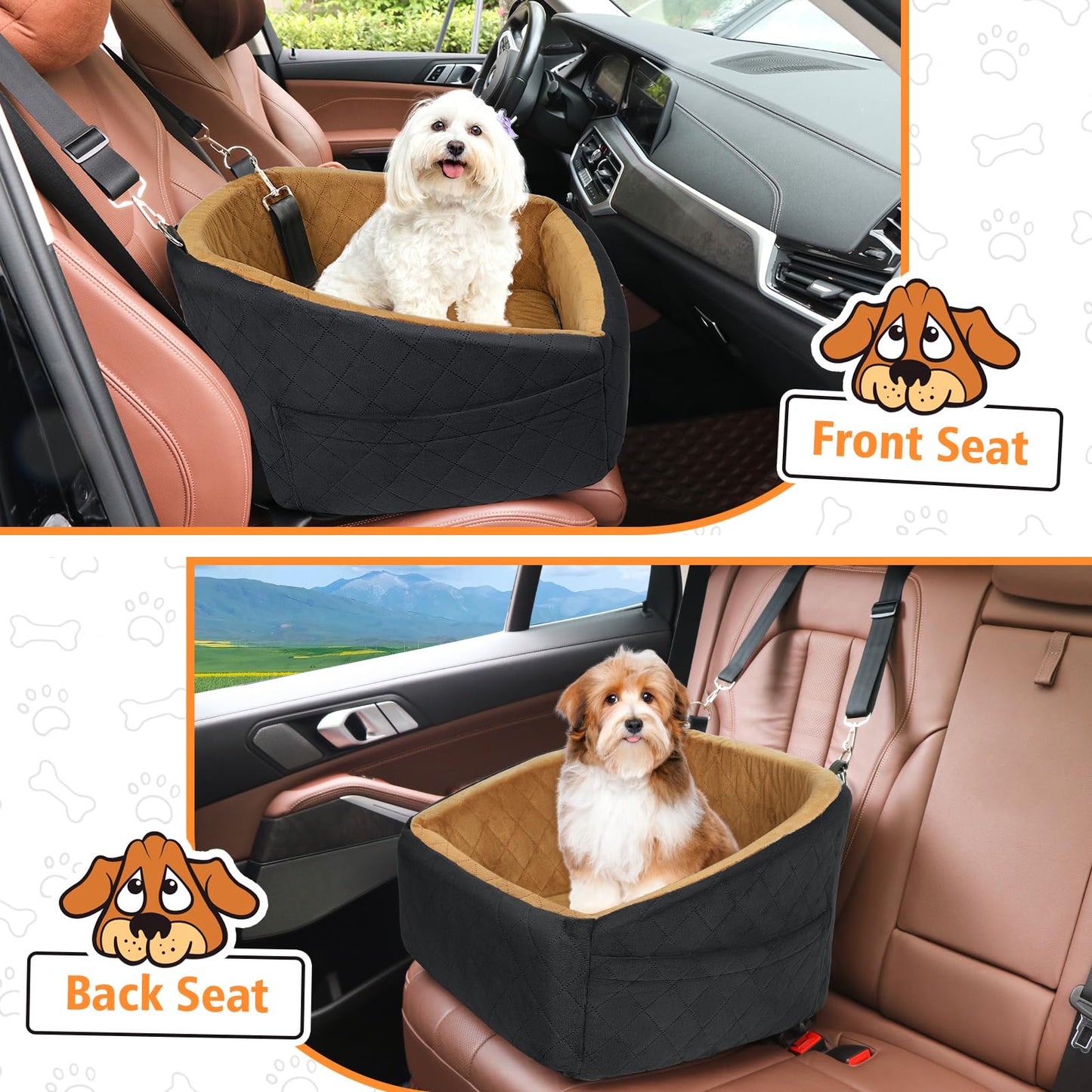 NEEZUKAR Dog Car Seat for Small Medium Dogs,Detachable Washable Dog Booster Seat Under 30lbs, Pet Car Seat Travel Bed with Storage Pockets and Dog Safety Belt(Black/Brown)