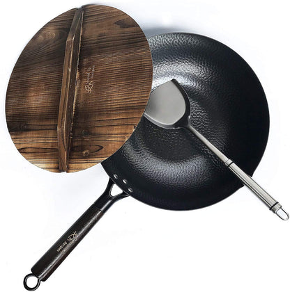 12.5 Inch Carbon Steel Wok For Electric, Induction and Gas Stoves (Lid, Spatula and User Guide Video Included)