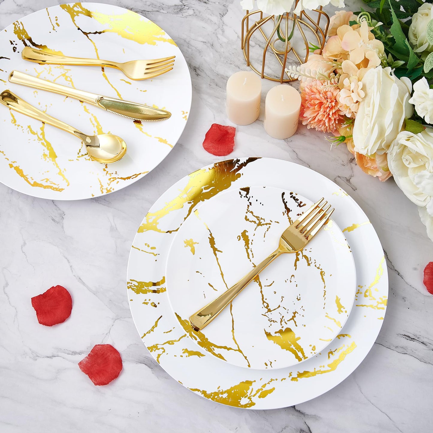 JOLLY PARTY 180PCS Disposable Dinnerware Set 30 Guest, 60 White and Gold Plastic Plates, 30 Plastic Silverware, 30 Cups, Marble Design Disposable Dinnerware for Wedding and Parties