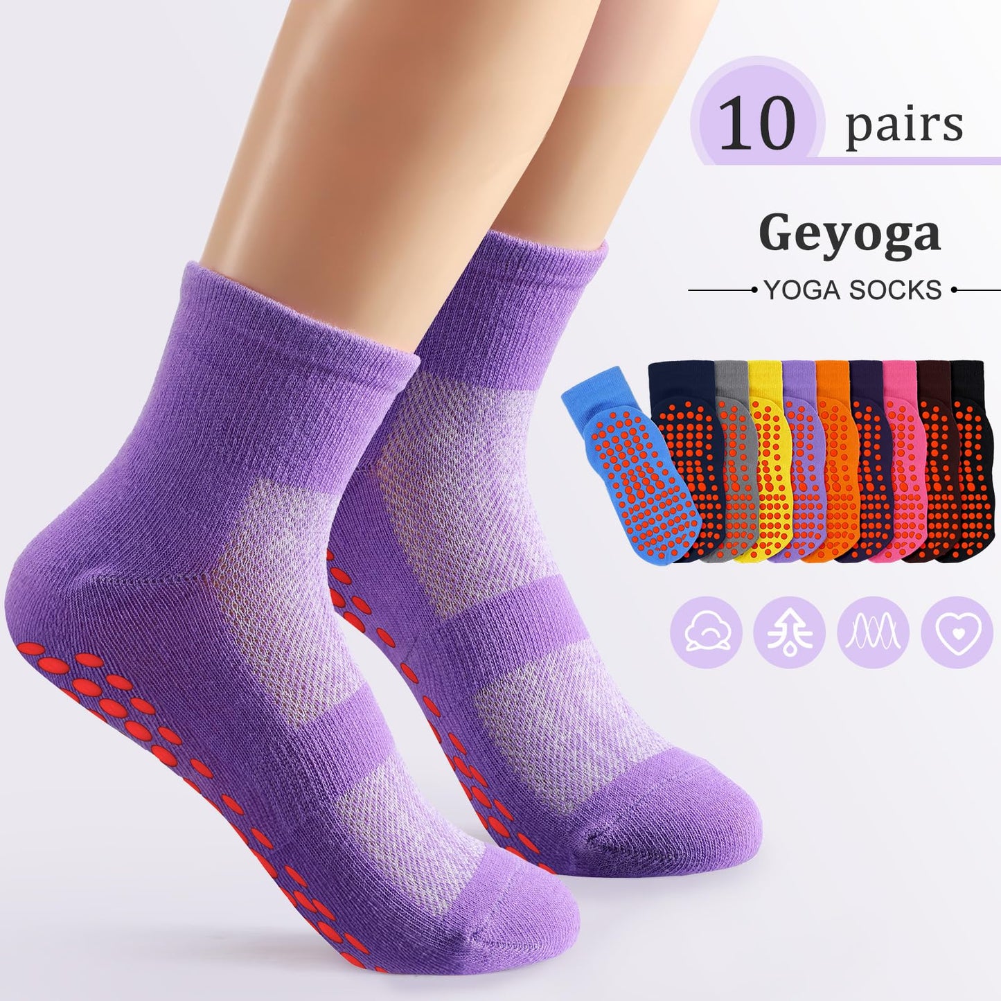Geyoga 10 Pairs Non Slip Yoga Socks Anti Skid Sticky Grippers Hospital Slipper Socks for Men Women Pilates Ballet Barre(Bright Colors)