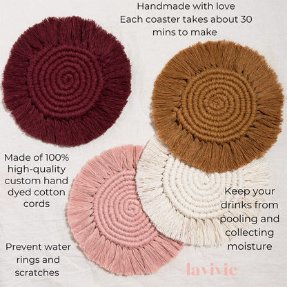 lavivie Cute Macrame Coasters Woven Boho Decor Handmade Absorbent Aesthetic, for Desk Office Table Kitchen Dining Room Cup Drinks Picnic Housewarming Home Rattan Wicker Bamboo (Dusty Pink (Set of 2))