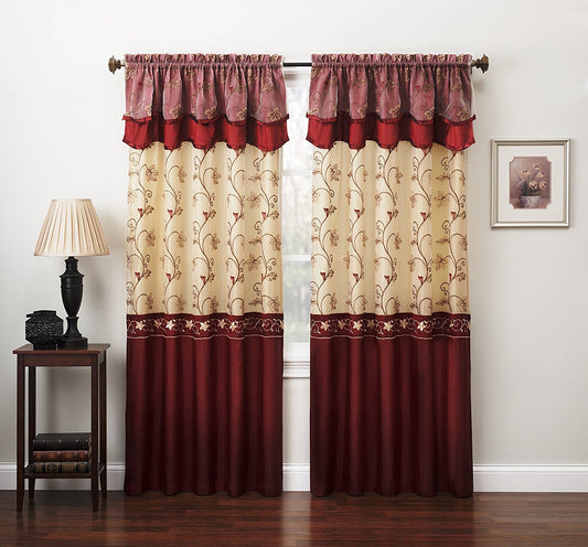 Fancy Collection Embroidery Curtain Set 1 Panel Drapes with Backing & Valance (55"x 63", Burgundy)