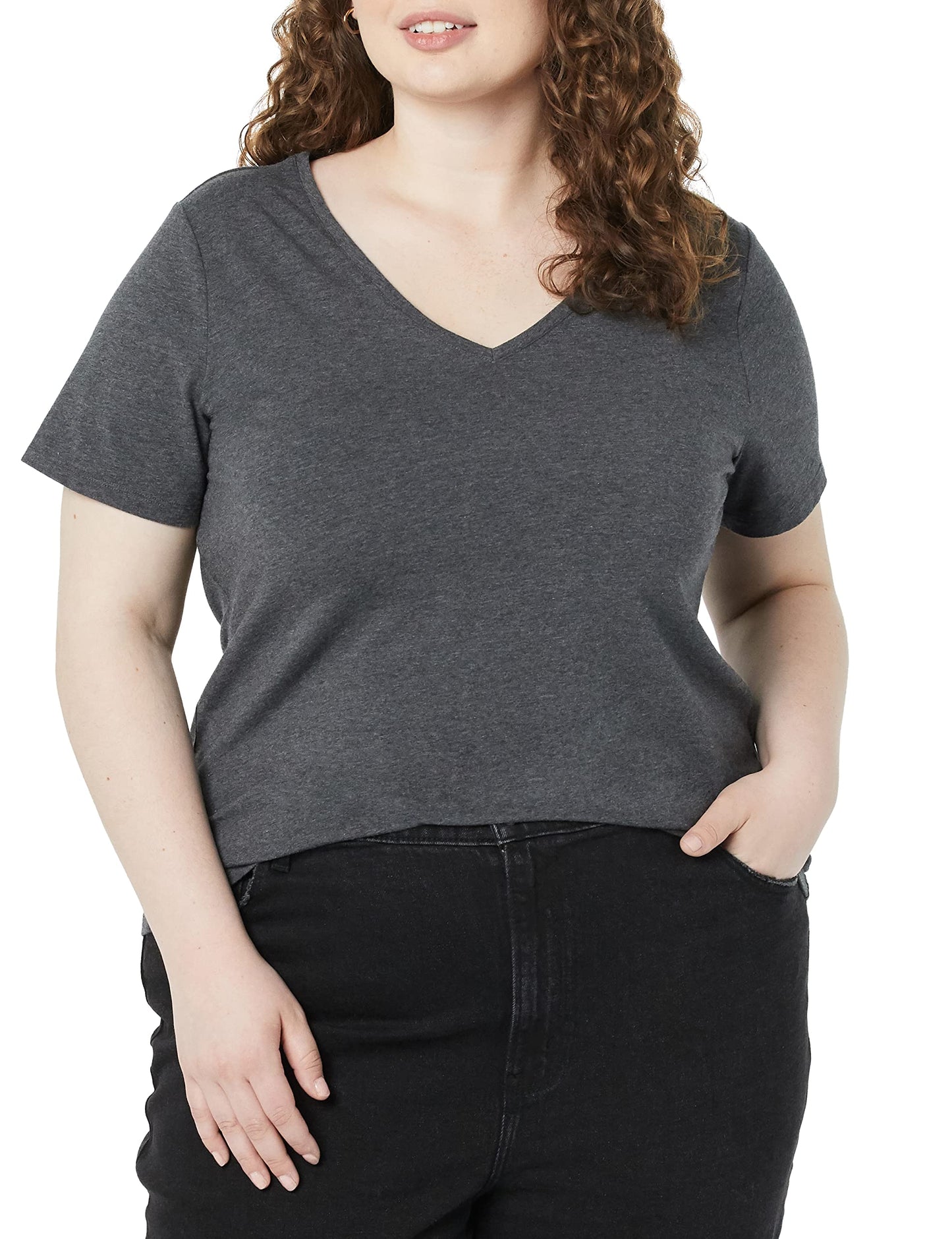 Amazon Essentials Women's Plus Size Short-Sleeve V-Neck T-Shirt, Pack of 2, Black/Charcoal Heather, 3X