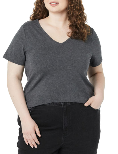 Amazon Essentials Women's Plus Size Short-Sleeve V-Neck T-Shirt, Pack of 2, Black/Charcoal Heather, 3X