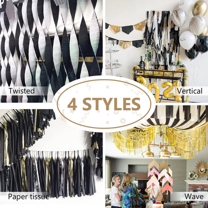 PartyWoo Crepe Paper Streamers 4 Rolls 328ft, Pack of Black and Gold Crepe Paper for Party, Wedding, Birthday, New Year's Eve Decorations (1.8 Inch x 82 Ft/Roll)