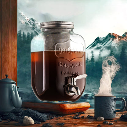 1 Gallon Cold Brew Coffee Maker - 3rd Generation Fine Mesh Filter - Stainless Steel Spigot - Extra Thick Large Glass Mason Jar Drink Dispenser Carafe, Iced Coffee Maker & Sun Tea Pitcher with Infuser.