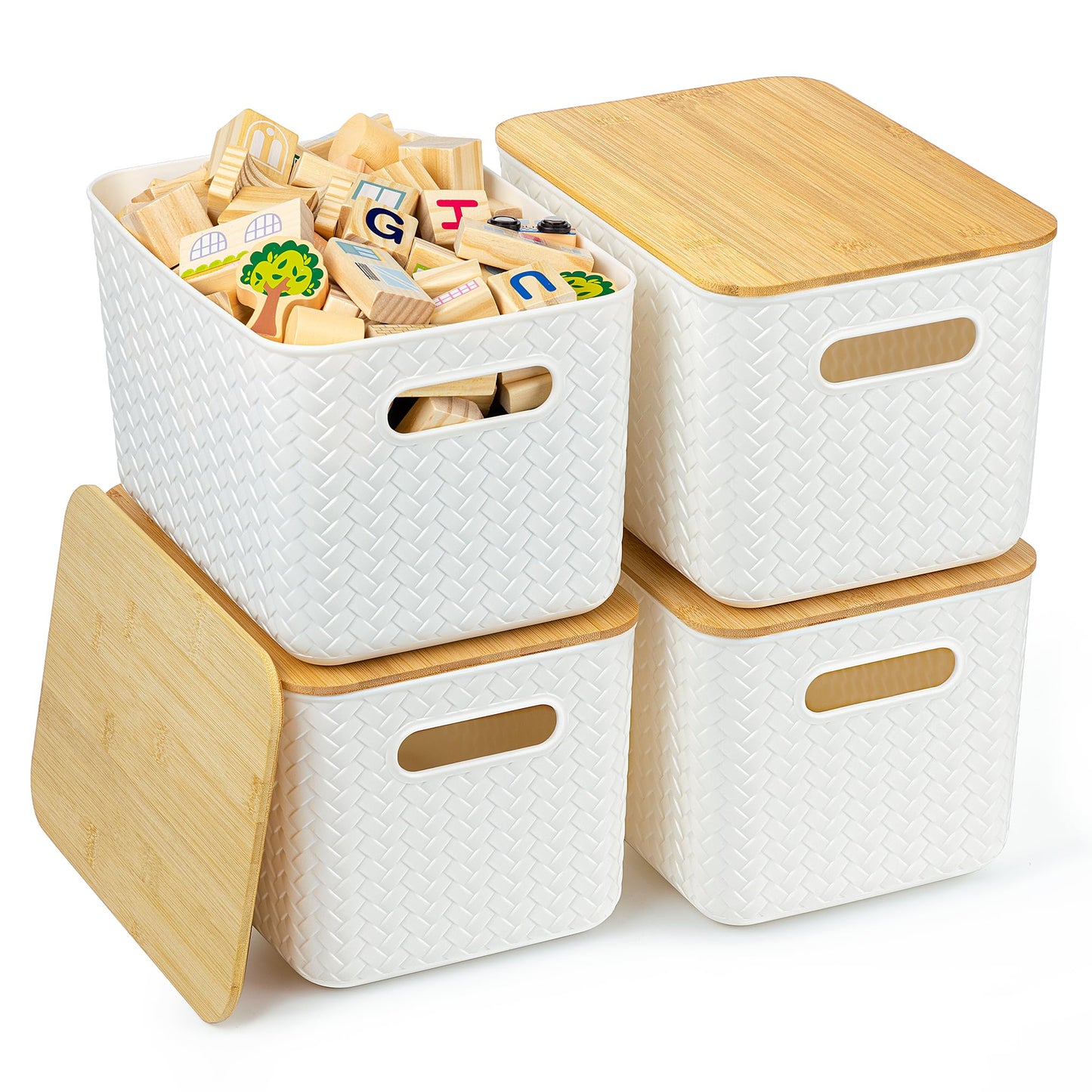 Ohmlove 4 Packs Storage Bins with Bamboo Lids - Plastic Storage Containers with Lids Stackable Storage Box：Storages Baskets for Organizing Desktop Closet Playroom Classroom Office,White