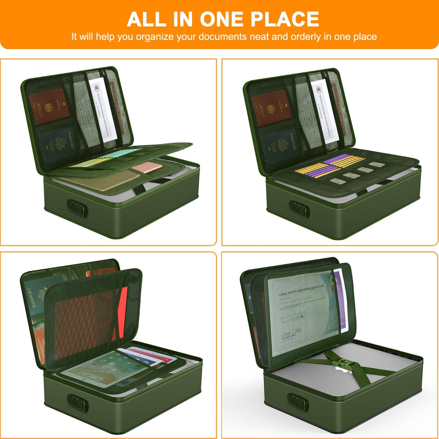 Noiposi Document Organizer with 5200℉ Heat Insulated,Waterproof and Fireproof Document Box,Portable Home Travel Safe Storage Box for Important Documents,File and Birth Certificate，Green