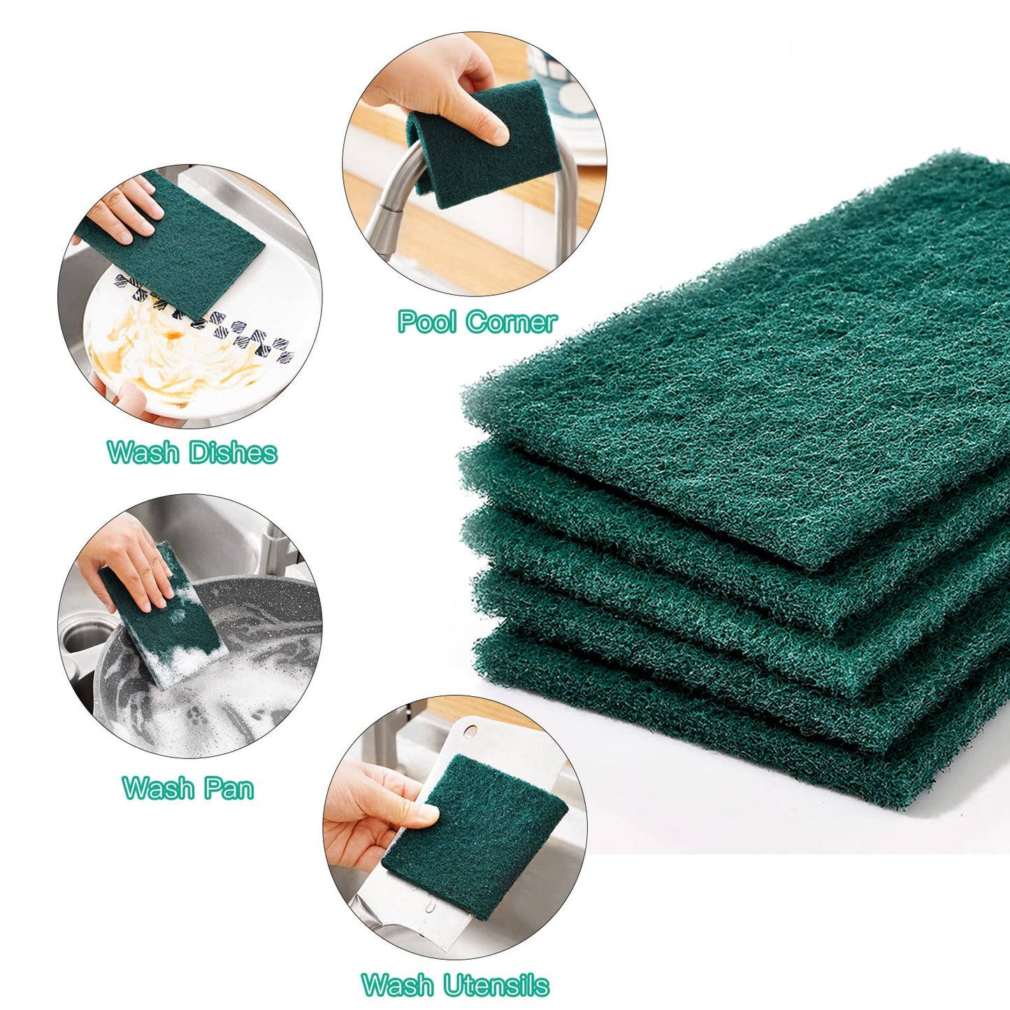 GUEICN Heavy Duty Scour Pads Sponge Dish Scrubber Non-Scratch Green Reusable Household Scrub Pads for Kitchen and Dish Cleaning Tool (12Pcs)
