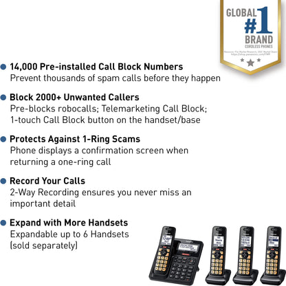 Panasonic Cordless Phone with Advanced Call Block, One-Ring Scam Alert, and 2-Way Recording with Answering Machine, 4 Handsets - KX-TGF944B (Black)