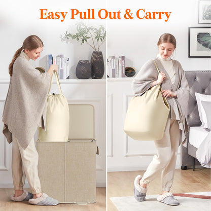 Lifewit Double Laundry Hamper with Lid and Removable Laundry Bags, Large Collapsible 2 Dividers Dirty Clothes Basket with Handles for Bedroom, Laundry Room, Closet, Bathroom, College, 136L Beige