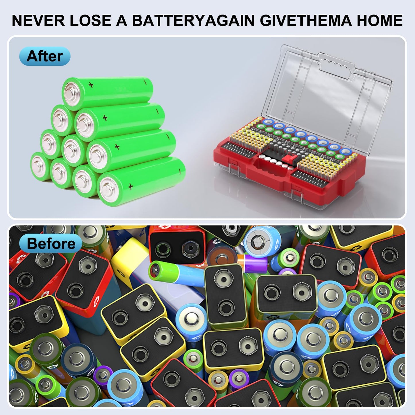 Narotood Battery Organizer Storage Holder Box Case with Tester, Ultra-Large 280+ Batteries Double-Sided Variety Pack,Holds AA AAA 4A C D Cell 9V 3V Lithium18650 LR44 CR2 CR123 CR1632 - Red