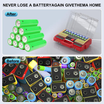 Narotood Battery Organizer Storage Holder Box Case with Tester, Ultra-Large 280+ Batteries Double-Sided Variety Pack,Holds AA AAA 4A C D Cell 9V 3V Lithium18650 LR44 CR2 CR123 CR1632 - Red