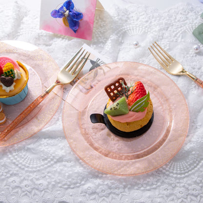 LIYH 96 Pcs Gold Glitter Plastic Dessert Plates 7.5 Inch, Plastic Fancy Cake Plates and Forks, Disposable Salad Plate, Dessert Forks 7.5 Inch for Birthday Bridal Shower 48 Guests