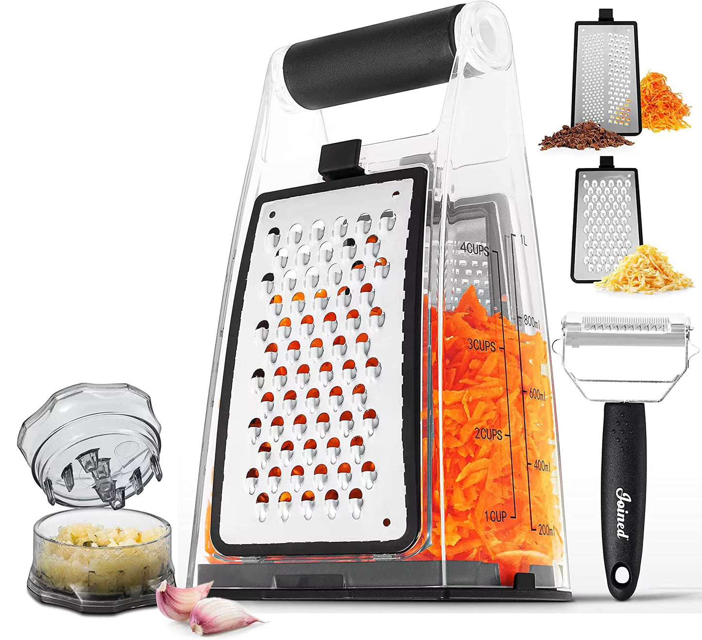 Joined Cheese Grater with Garlic Crusher- Box Grater Vegetable Shredder with 2 Stainless Steel Blades - Graters for Kitchen- Cheese Graters with Handle - Garlic Mincer Tool and Vegetable Peeler
