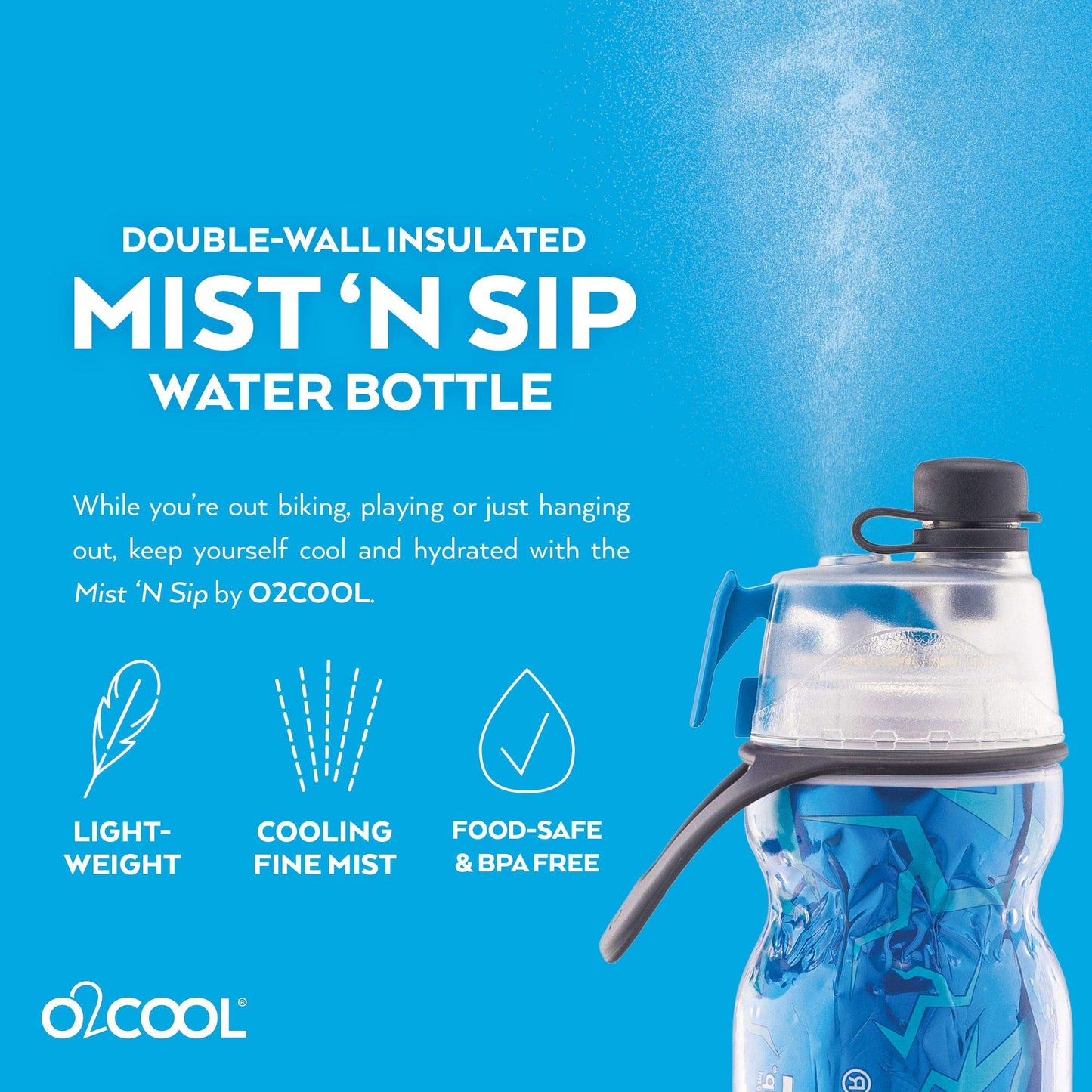 O2COOL Arctic Squeeze Mist 'N Sip Insulated Bottle w/Silicone Spout Cover And Locking Misting Function - 20 oz, Crackle Blue