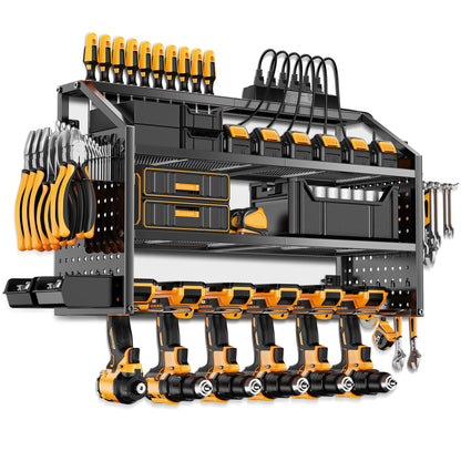 LBT 4 Layer Power Tool Organizer Wall Mount With Charging Station, Patented, 6 Outlet Power Strip, 6 Drill Holder, Heavy Duty Metal Garage Tool Storage Rack, Gifts For Men Fathers Day