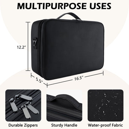 gzcz Large Capacity Travel Makeup Train Case 16.5 Inches Professional Makeup Cosmetic Case Portable Artist Cosmetics Brushs Organizer Storage Bag With Adjustable Dividers And Shoulder Strap (Black)