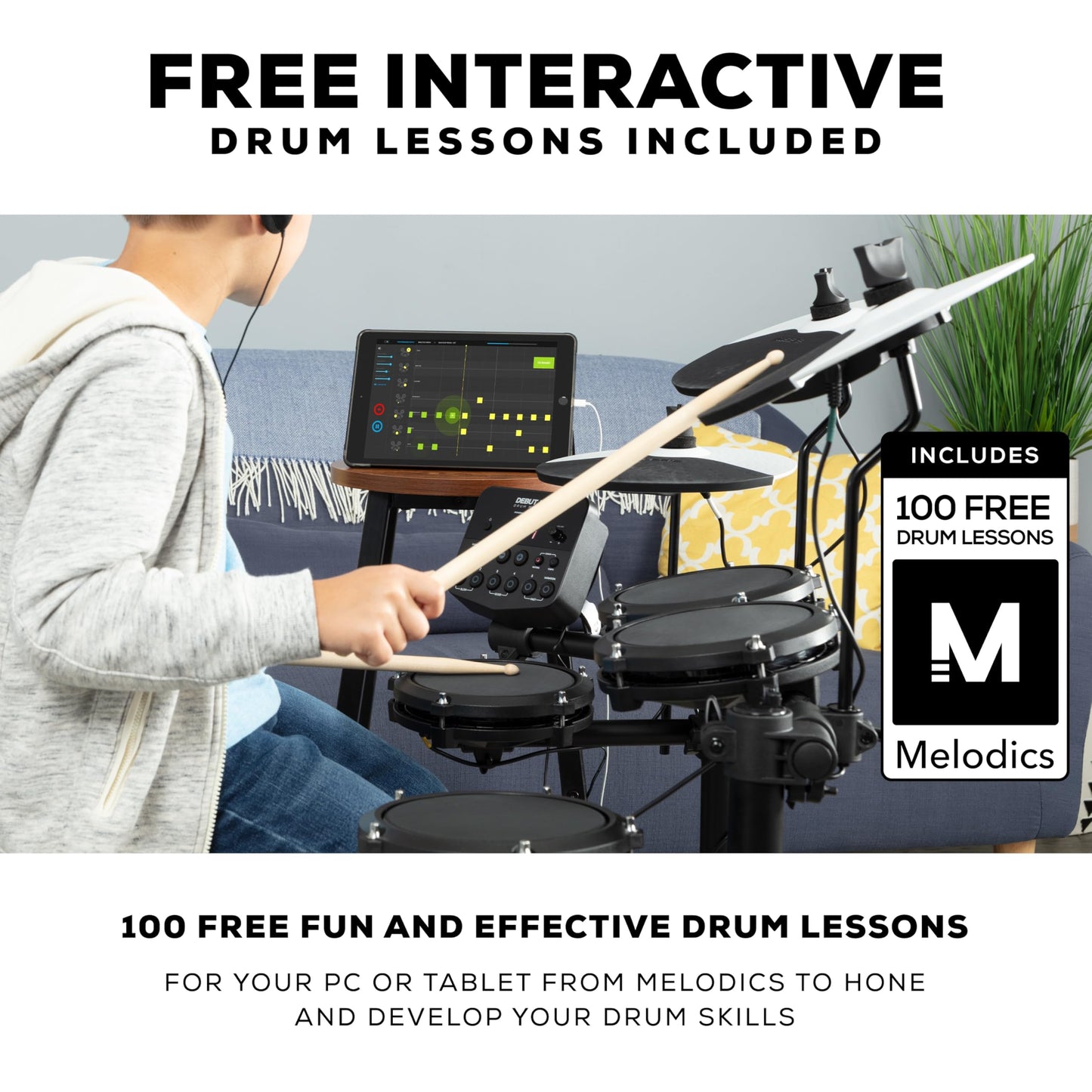 Alesis Drums Debut Kit – Electric Drum Kit with 4 Quiet Mesh Electronic Pads, 120 Sounds, Drum Sticks, Stool, Headphones, and Lessons