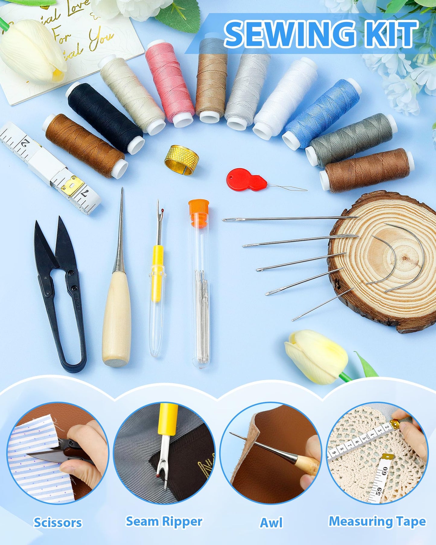 PLANTIONAL Upholstery Repair Sewing Kit: 47 Pieces Heavy Duty Sewing Kit with Sewing Awl, Seam Ripper, Leather Hand Sewing Stitching Needles, Sewing Thread for Car, Sofa, Backpack, Shoe, Craft DIY