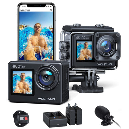 WOLFANG GA200 24MP 4K Action Camera 40M Waterproof Underwater Camera for Snorkeling, EIS WiFi Adjustable Wide Angle Dual Screen Camera for Vlog, Webcam(Charger, Remote Control and Helmet Accessories)