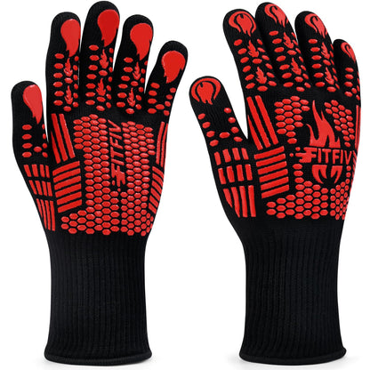 FITFIV BBQ Gloves, Oven Gloves, Extreme Heat Resistant Barbecue Gloves, Silicone Non-Slip Oven Mitts, Kitchen Gloves for Cooking, Grilling, and Baking (Red)