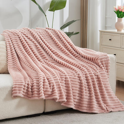 NEWCOSPLAY Super Soft Throw Blanket Pink Premium Silky Flannel Fleece 3D Ribbed Jacquard Lightweight Bed Blanket All Season Use (Pink Ribbed, Throw(50"x60"))