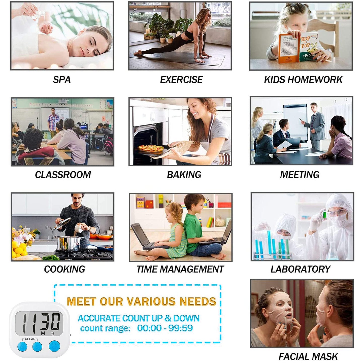 12 Pack Digital Kitchen Timers for Cooking Magnetic Timer for Cooking Loud Alarm White