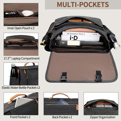 ESTARER Men's Messenger Bag 17.3 Inch Upgraded, Water-resistant Canvas Laptop Bag, Computer Shoulder Bag for College Travel Work, Dark Grey