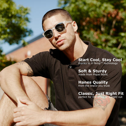 Hanes Mens Pique Short Sleeve Polo Shirt, Three-button Midweight For, Charcoal Heather, Small US