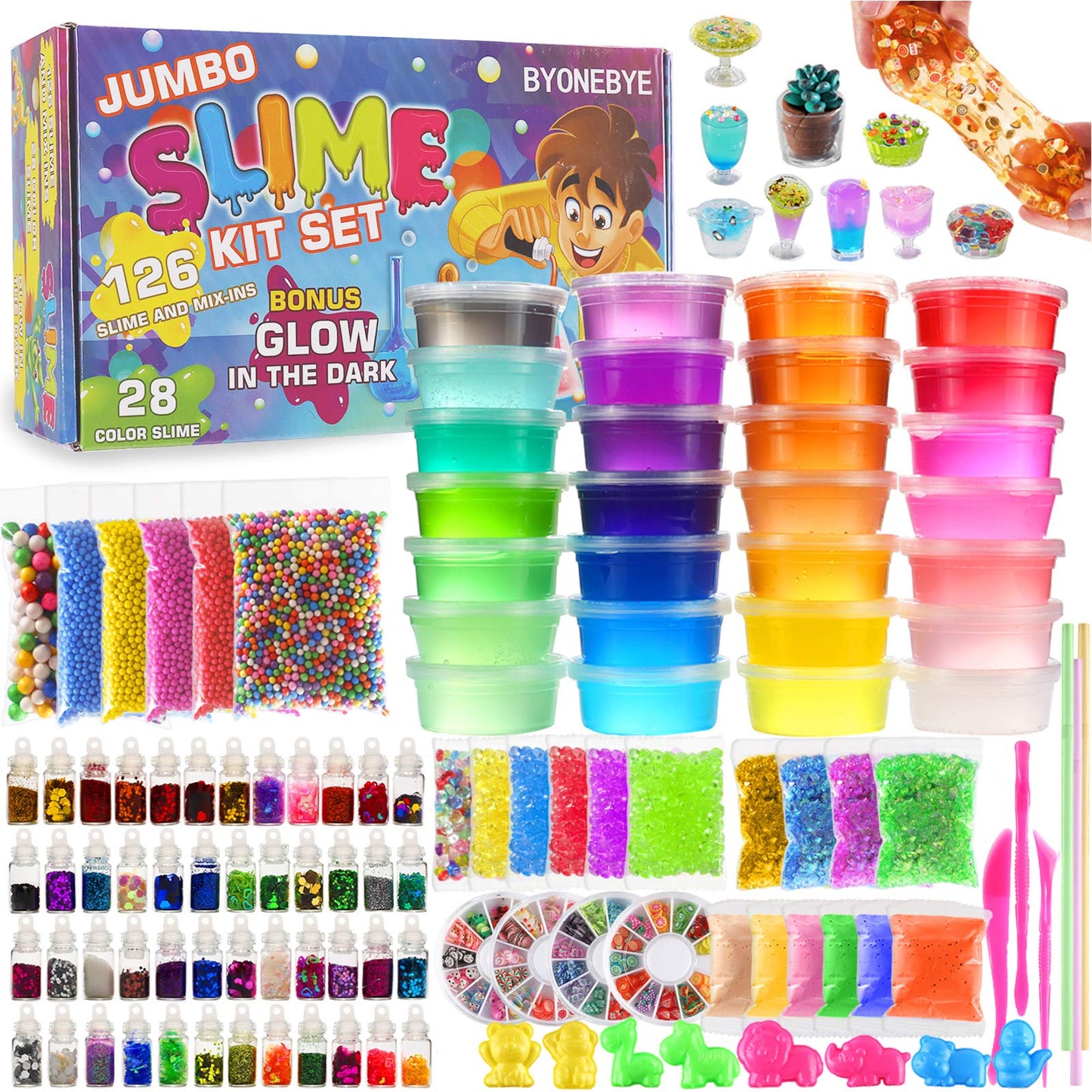 126 Pcs DIY Slime Making Kit for Girls Boys - Birthday Idea for Kids Age 5+. Ultimate Supplies Include 28 Crystal Slime, 2 Glow in The Dark Powder, 48 Bottle Glitter Jar etc.