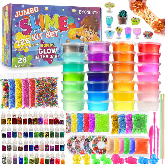 126 Pcs DIY Slime Making Kit for Girls Boys - Birthday Idea for Kids Age 5+. Ultimate Supplies Include 28 Crystal Slime, 2 Glow in The Dark Powder, 48 Bottle Glitter Jar etc.